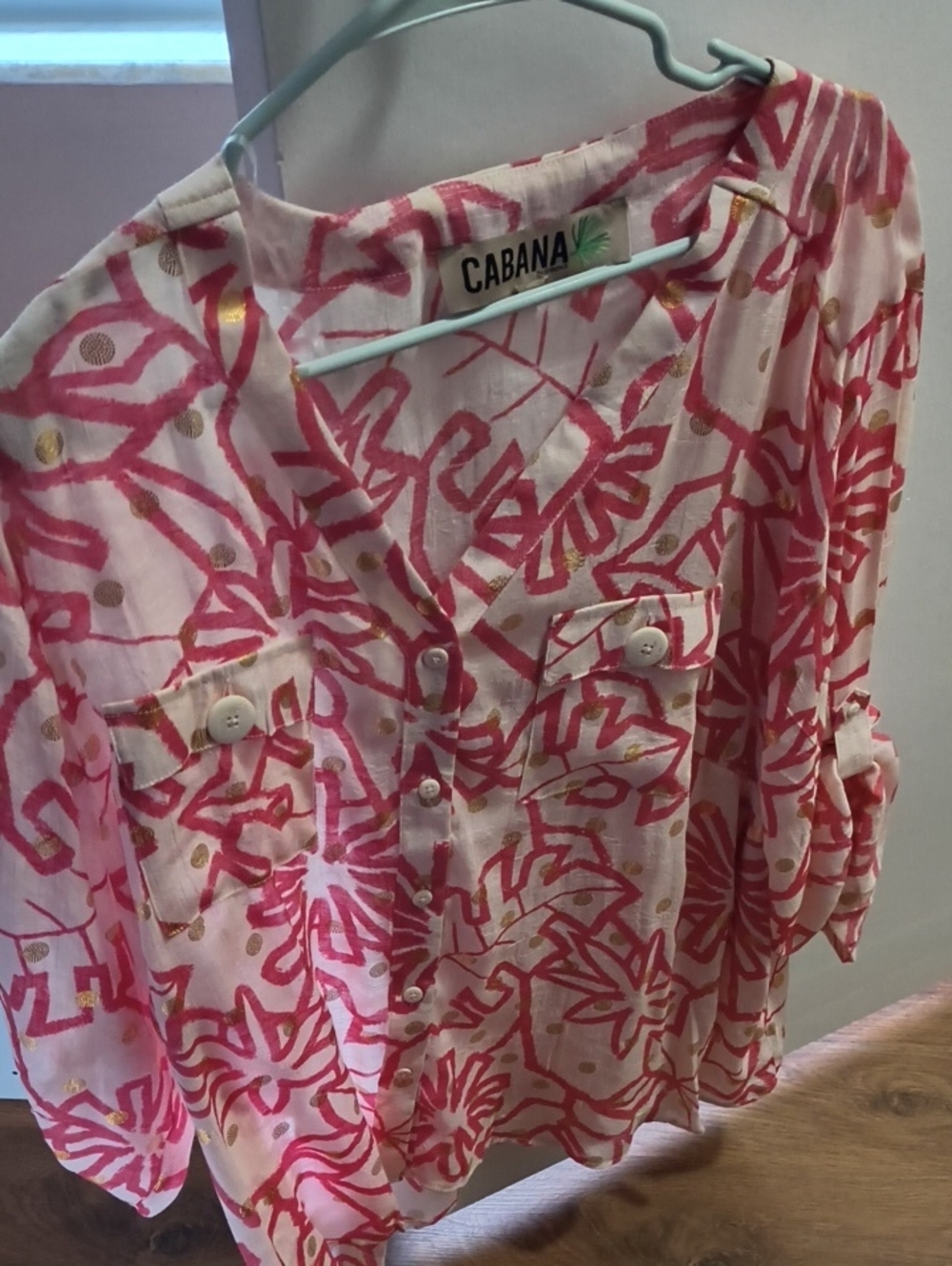 Cabana Life Pink & Gold Floral Button-Front Blouse